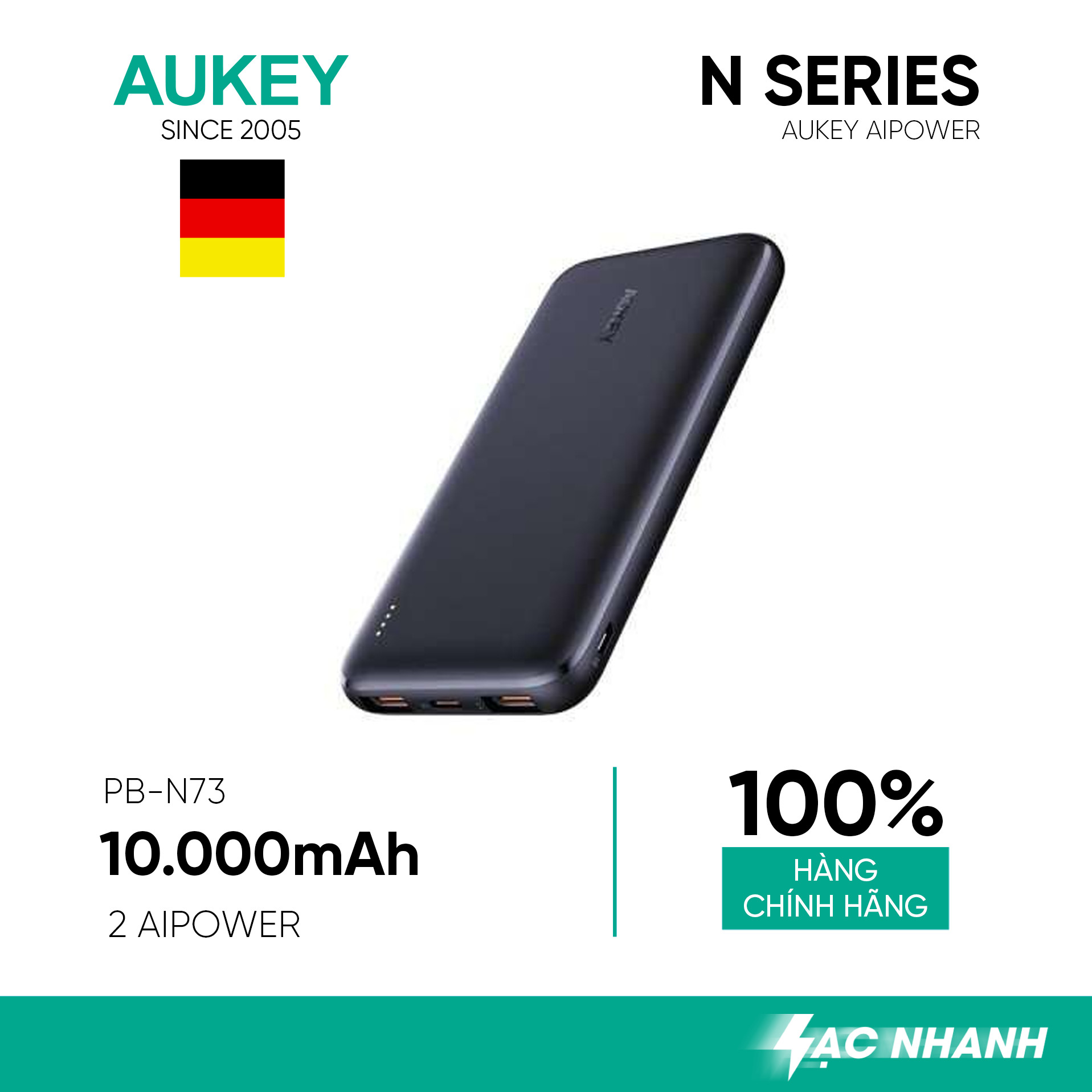 Pin Sạc Dự Phòng Siêu Mỏng 10.000 mAh Aukey PB-N73 1 Cổng Sạc Nhanh Type C 15W, 2 Cổng USB-A - Hàng Chính Hãng