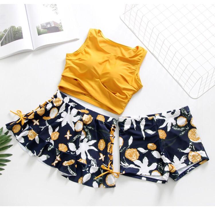 Bộ đồ bơi 3 mảnh màu vàng dáng Hàn Quốc 2019 (áo + quần + váy)