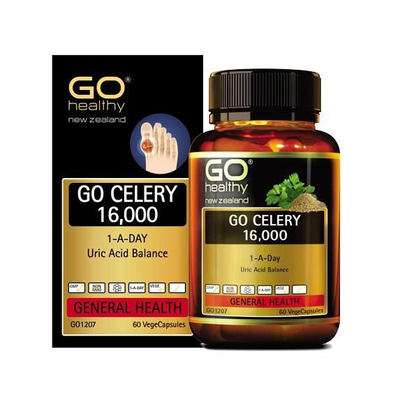 Viên gout nhập khẩu chính hãng New Zealand GO CELERY 16000mg  giúp giảm các triệu chứng bệnh gút: giảm uric axit, làm giảm triệu chứng sưng đau do gut