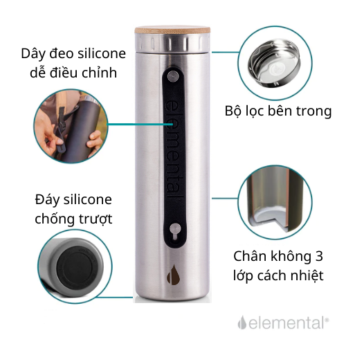 Bình giữ nhiệt Elemental Iconic màu bạc 590ml, giữ nhiệt vượt trội, inox 304, FDA Hoa Kì, An toàn sức khỏe, có lưới lọc