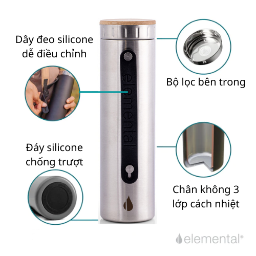 [Hàng chính hãng – Thương hiệu Mỹ] Bình giữ nhiệt Elemental Iconic màu bạc 590ml, giữ nhiệt vượt trội, inox 304, FDA Hoa Kì, An toàn sức khỏe, có lưới lọc