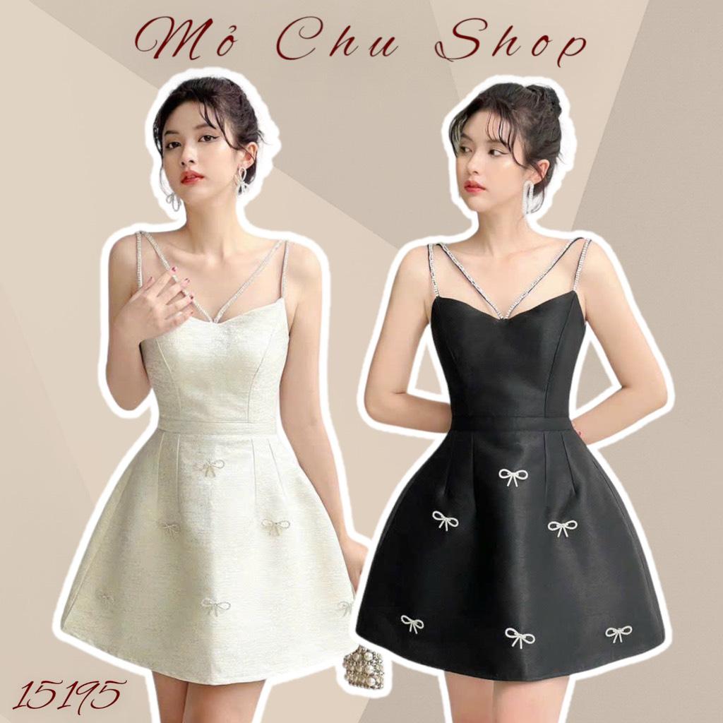 Đầm xòe chéo cổ đính đá kèm tag nơ