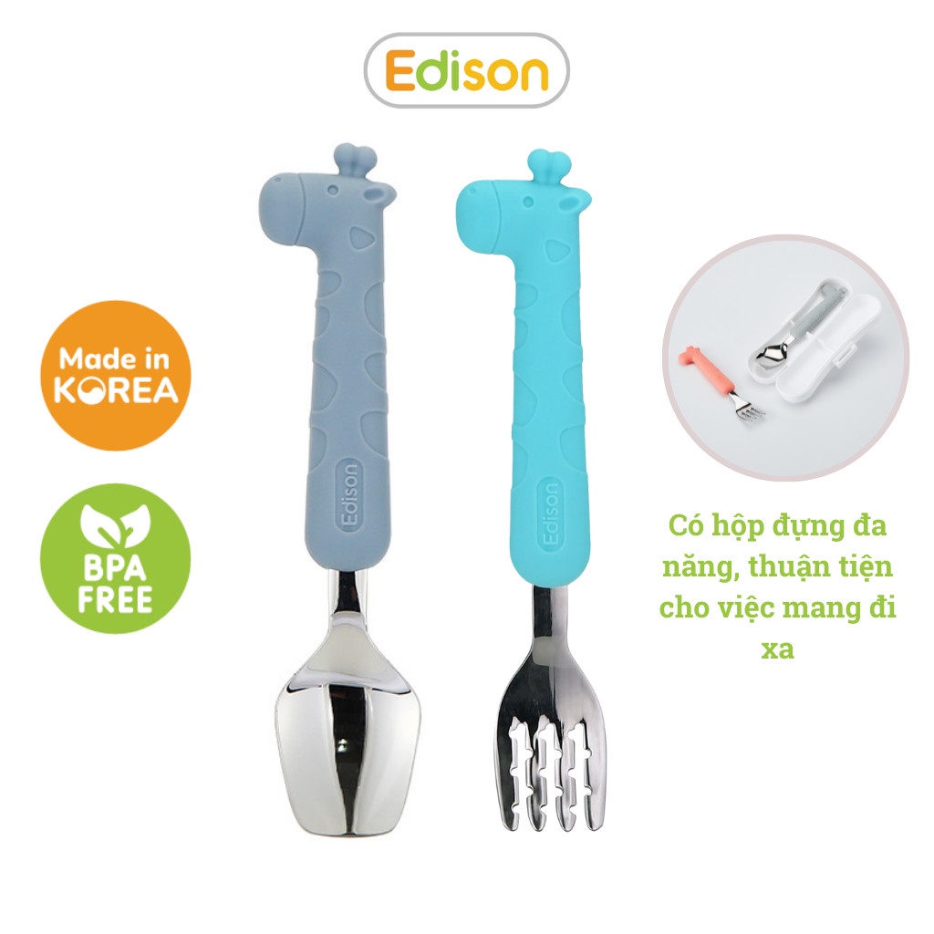 Bộ thìa nĩa ăn dặm cho bé inox 304 chống gỉ bọc silicon BPA Free có hộp đựng hình hươu cao cổ Edison 5325 Chính hãng Hàn Quốc