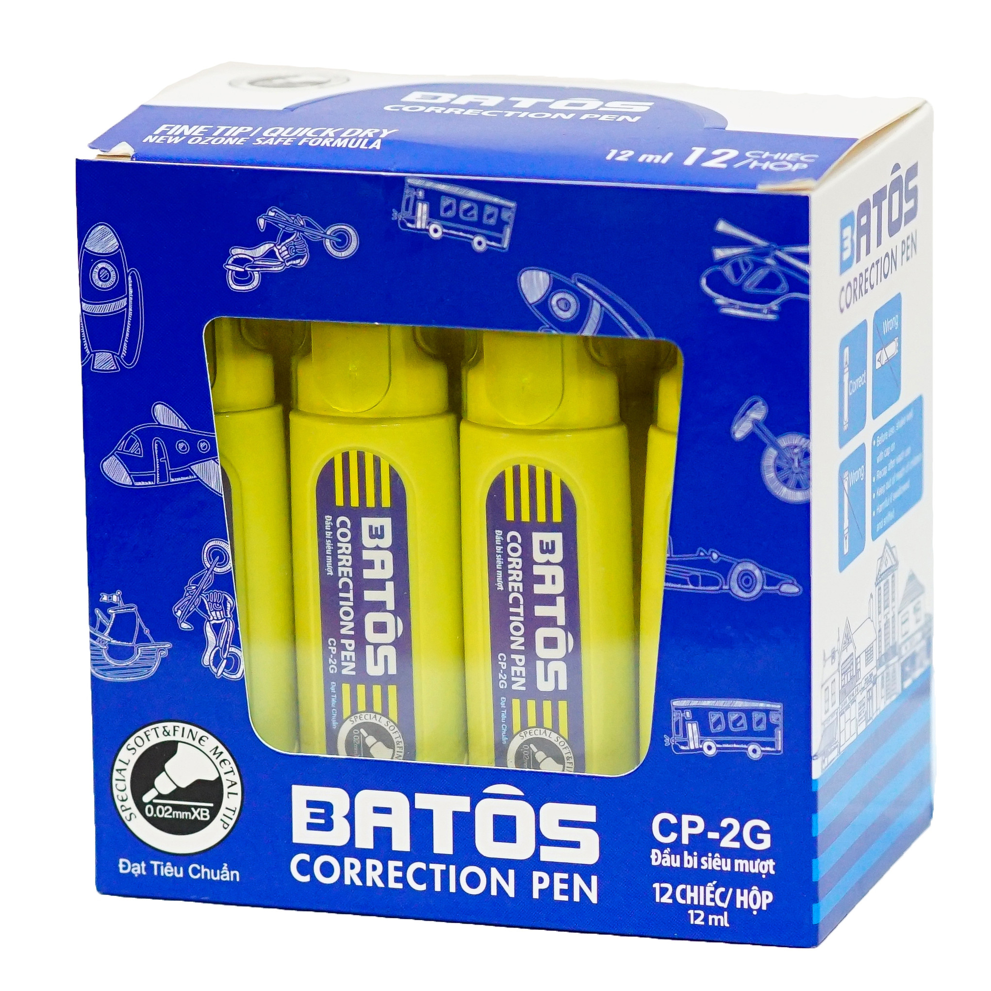 Bút xóa Batos CP-02G - Hộp 12 chiếc - Dung tích đủ 12ml, xóa nhanh khô, dễ sử dụng