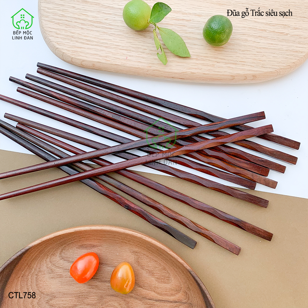 (5 Đôi) Đũa Ăn Cơm Gỗ Trắc Tự Nhiên Việt Nam Đầu Khía Sóng HAHANCO [CTL758-5]
