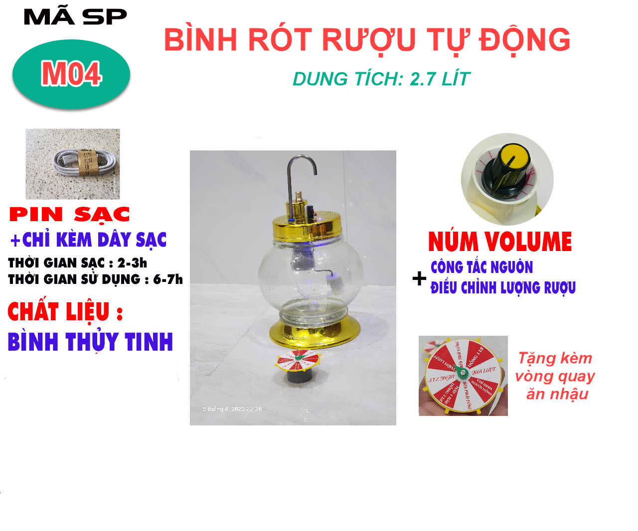 Bình Rót Rụ Tự Động thủy tinh cao cấp 2.7 lit