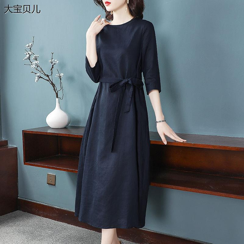 Đầm suông đũi cổ tròn tay lỡ, có dây thắt eo tồn dáng, chất đũi siêu mềm mát Da82