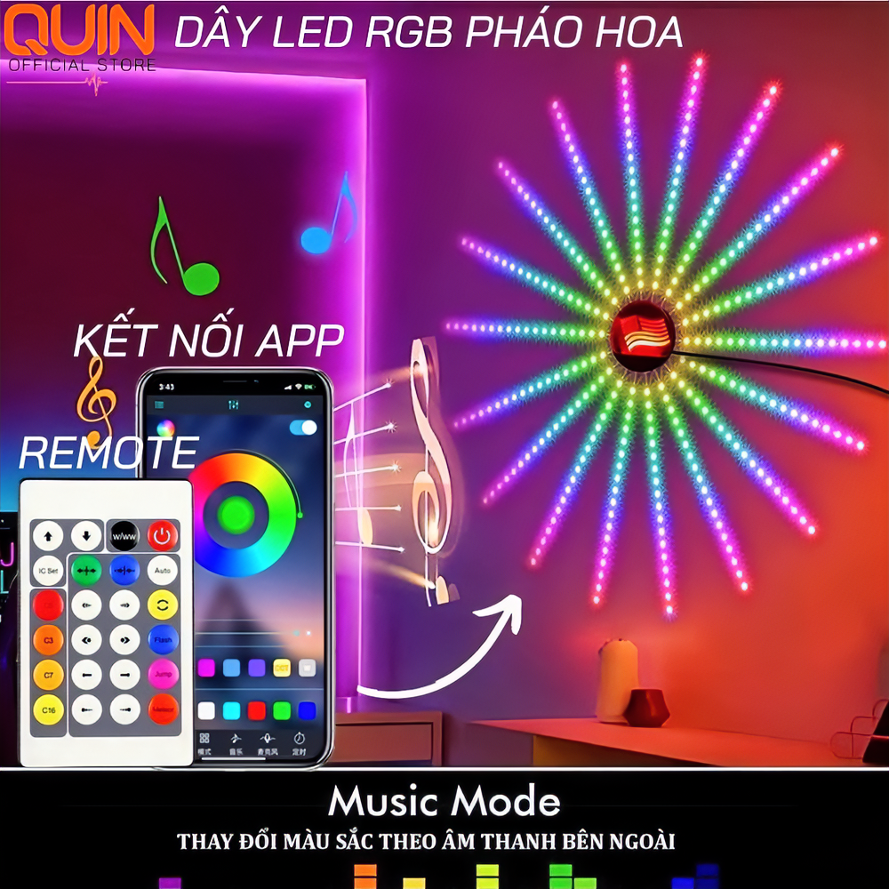 Dây đèn led KGLed Firework hiệu ứng mặt trời tỏa sáng hào quang, cảm ứng nhạc, điều khiển app và remote 180led- Hàng chính hãng