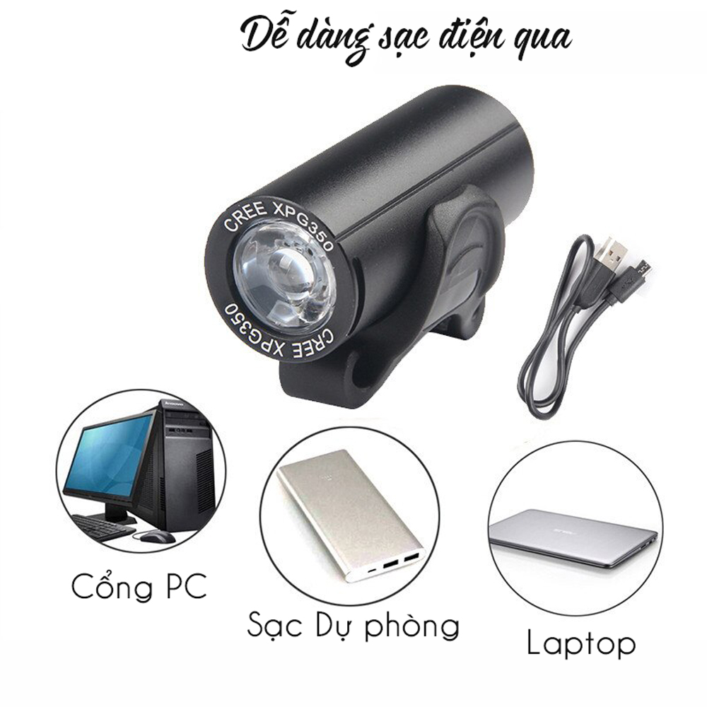 Đèn Trước Xe Đạp Nhỏ Gọn Sáng Mạnh 350 Lumens Sạc Điện USB Với Bóng Led Cree Giúp Trợ Sáng Xe Đạp Đi Đêm Mai Lee