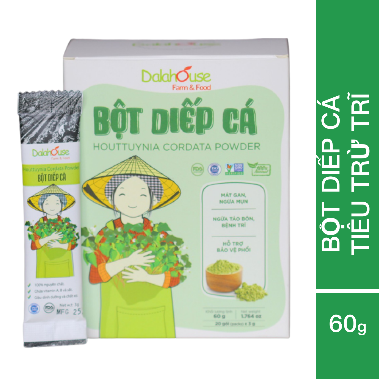 Bột Diếp Cá Dalahouse Hộp 60g - 20 tuýp 3g tiện dụng - Hỗ trợ trĩ - Kháng viêm - Tiêu hóa tốt