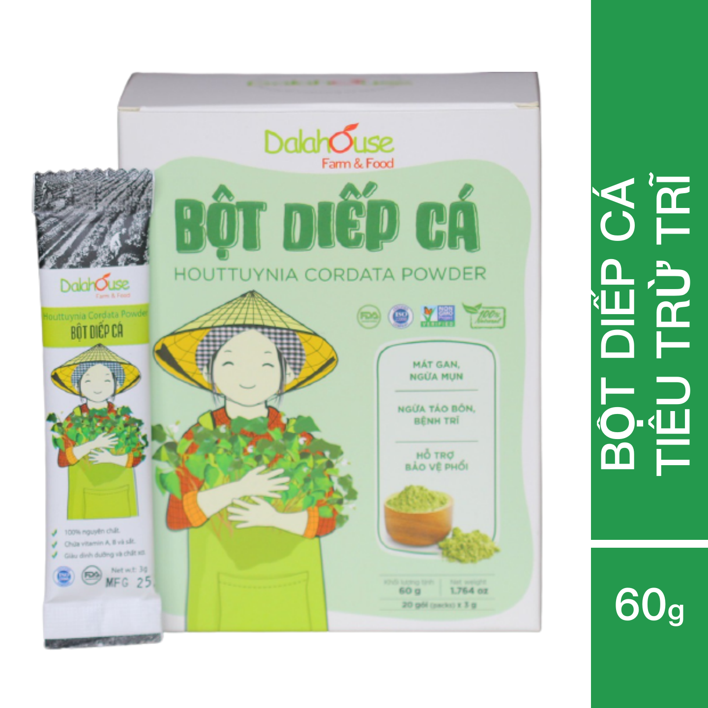 Bột Diếp Cá Dalahouse Hộp 60g (mẫu mới) - 20 tuýp 3g tiện dụng - Hỗ trợ trĩ - Kháng viêm - Tiêu hóa tốt