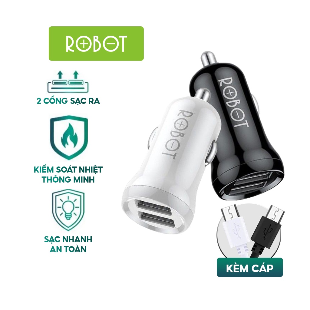 Tẩu Sạc Cốc Sạc Ô Tô ROBOT RT-C07 2 Cổng USB 2.4A Kèm Cáp Sạc - Hàng Chính Hãng