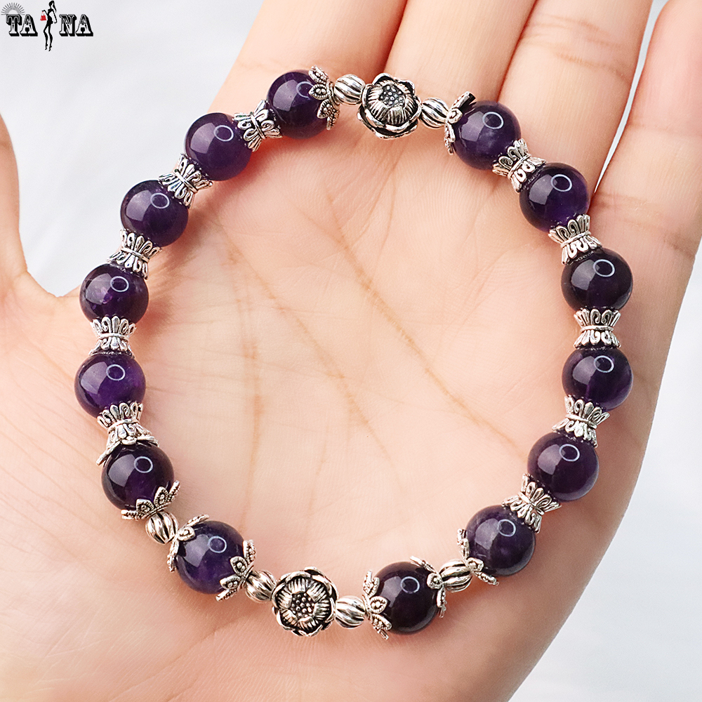 Vòng đá thạch anh tím 8mm mix charm bạc 925 cao cấp