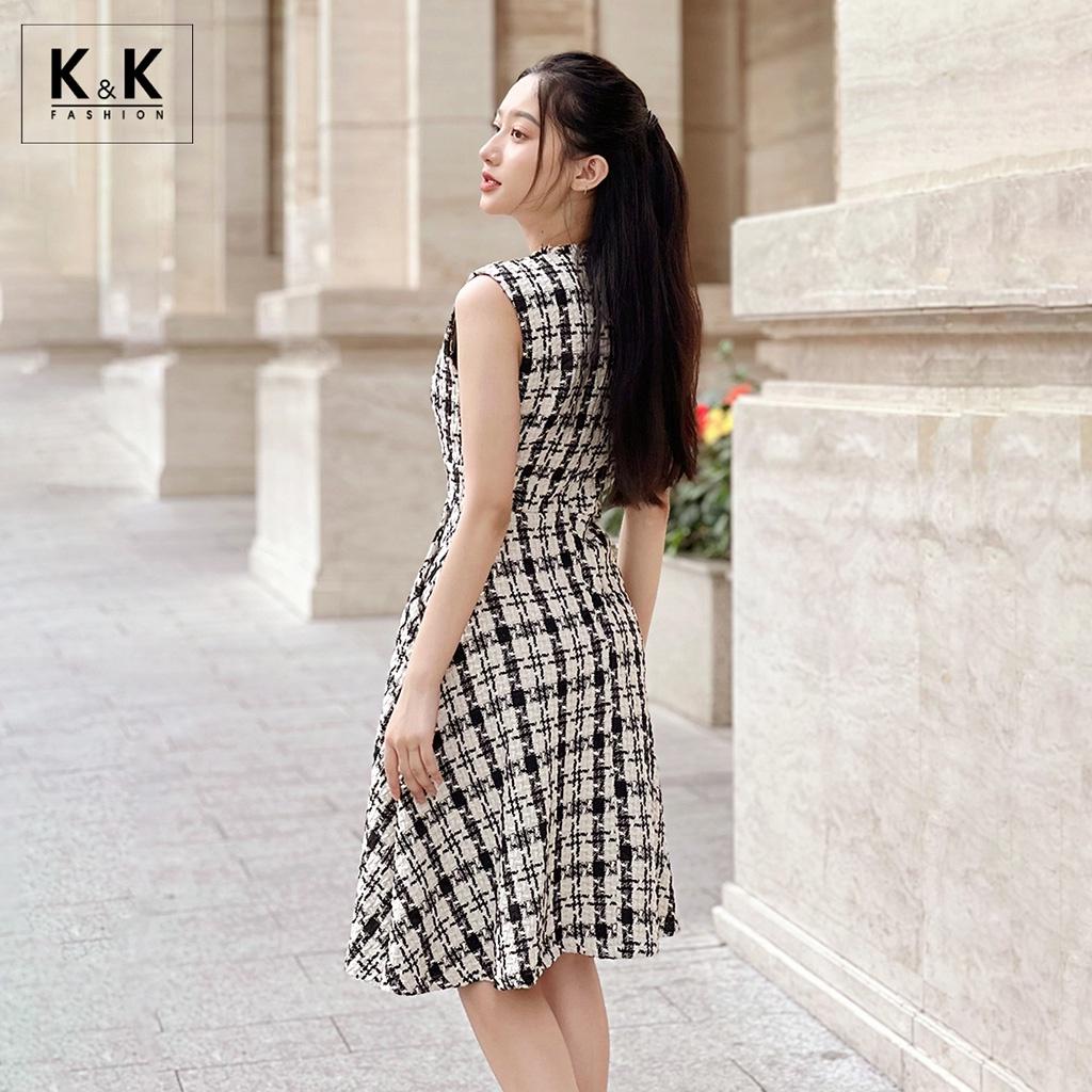 Đầm Xòe Cổ V Vải Tweed K&amp;K Fashion KK130-20 Sát Nách