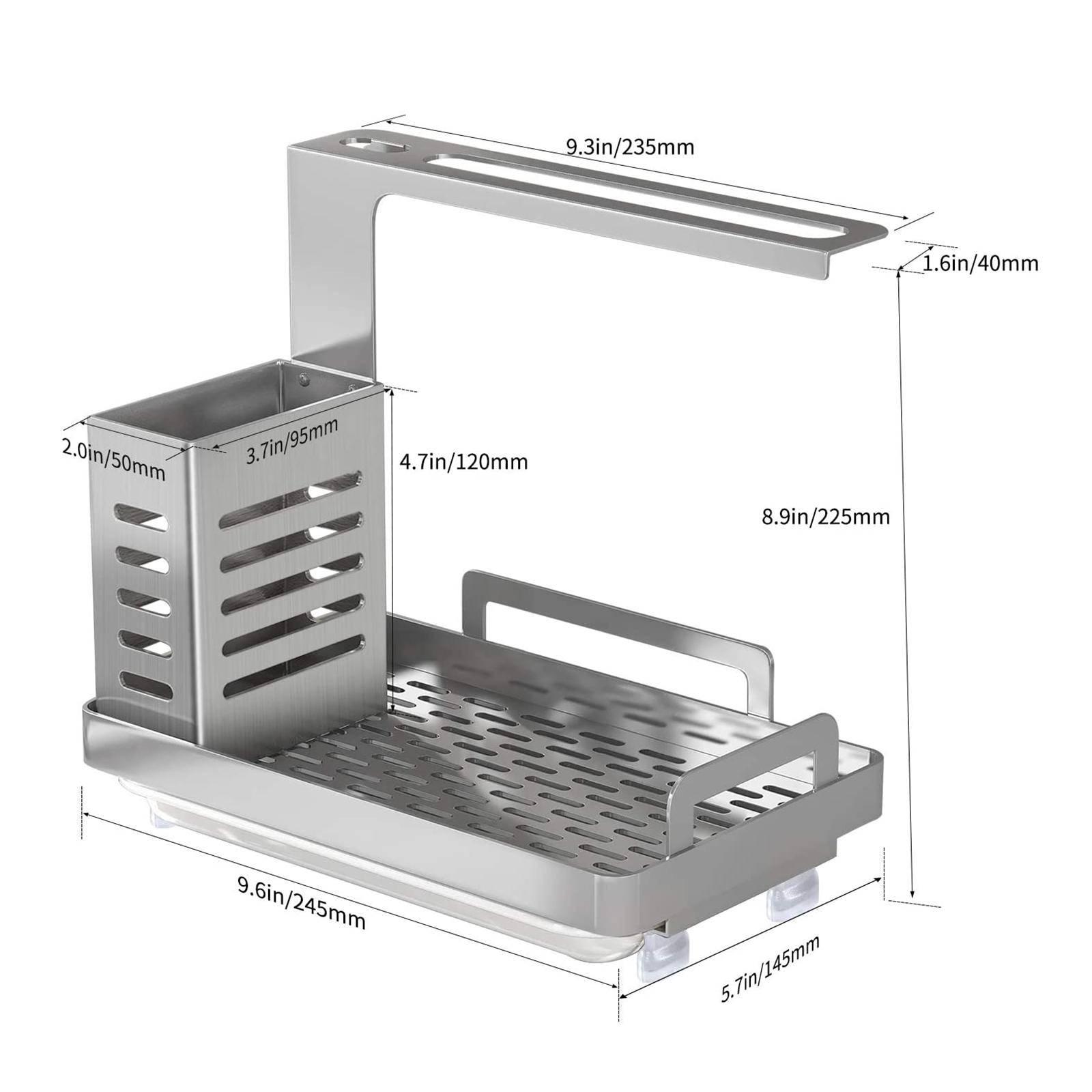 Kitchen Sink Caddy Organizer, Sponge Holder for Sink Soap Brush Dispenser Holder with Rag Rack with Drain Tray Countertop Wall Mount Stainless Steel