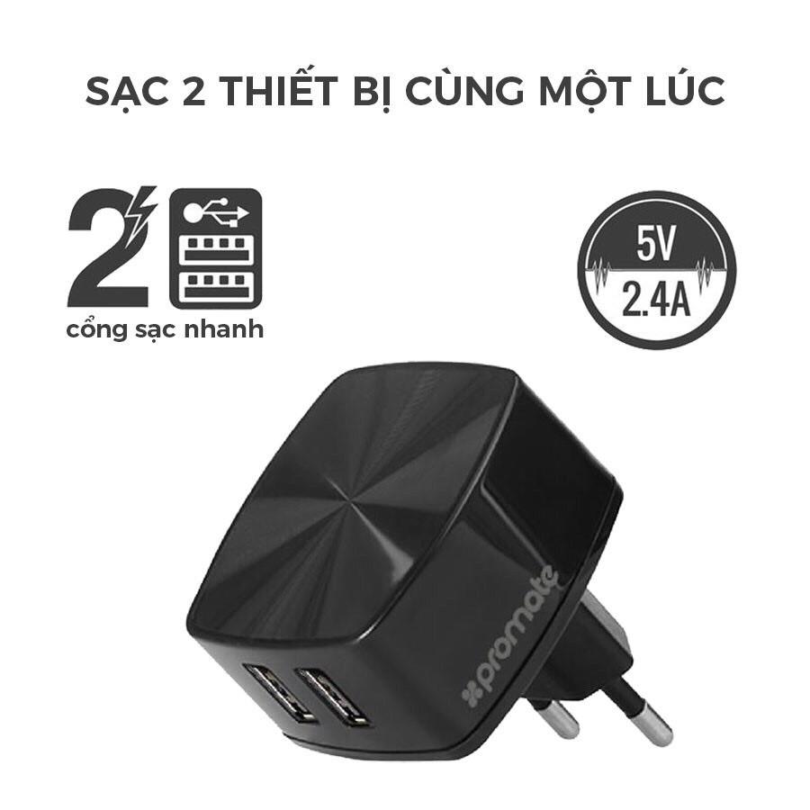 Cốc Sạc Promate Flexcharge.Eu Cốc 2 Cổng Usb Kèm Dây 3-In-1 Dài 1.2M Chuẩn Eu - Hàng Chính Hãng