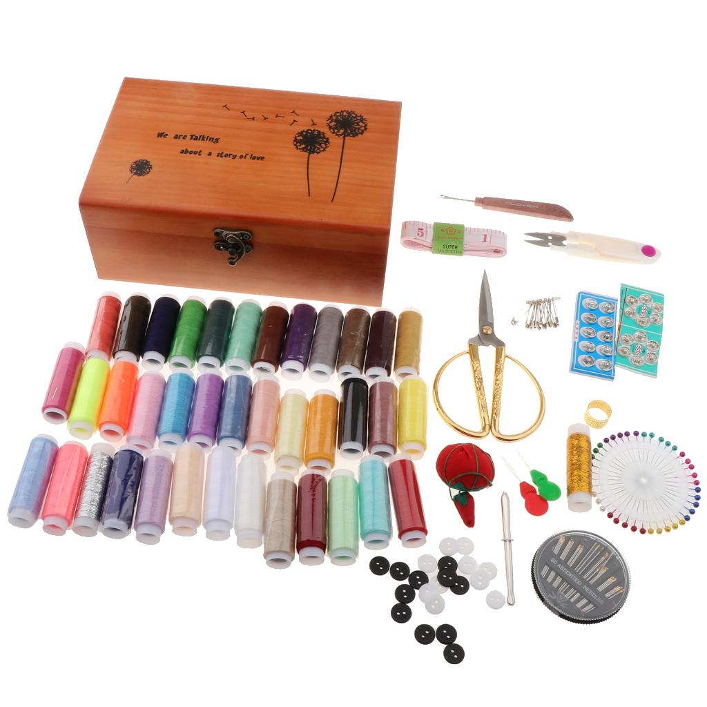 Vintage Sewing Kits with Wooden Storage Box DIY Sewing Accessories Supplies