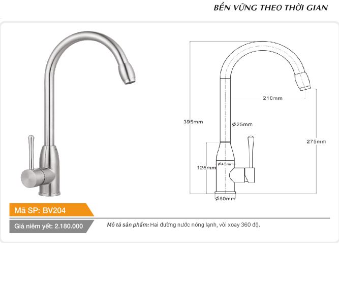 Vòi cố định cổ hình bầu dục xoay 360 độ nóng lạnh inox Tundo Boss BV204 395*50*275 mm