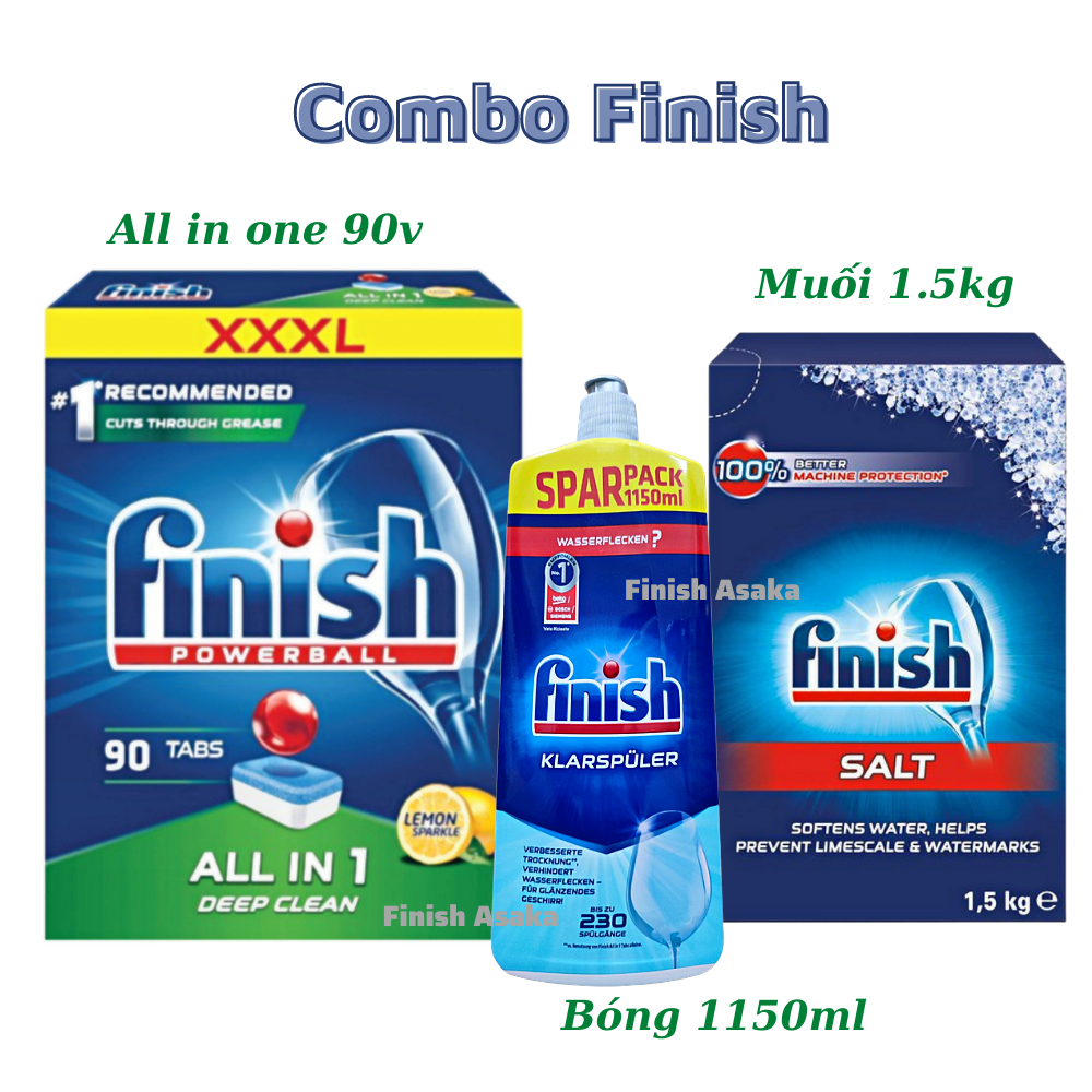 Combo rửa chén Finish: Hộp All in one 90 Viên, bóng chai 1150ml, Muối Hộp 1,5kg - Chính Hãng.