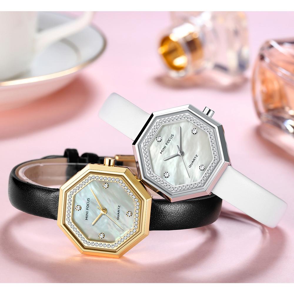  Đồng hồ thời trang nữ với dây đeo bằng da đính kim cương pha lê Chống thấm nước 
MINI FOCUS Women Quartz Watch Octagon Case