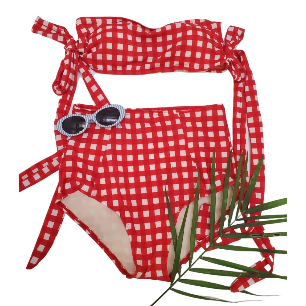 Bikini, Đồ Bơi Đi Biển Hai Mảnh Caro Nơ Vai Đỏ Quần Cạp Cao ODERI HM-017