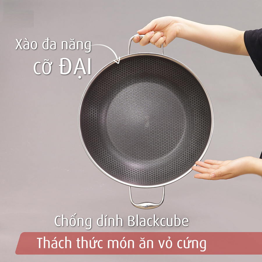 Chảo xào iNox Blackcube iMat 32cm, Tay cầm 2 bên, nắp kính cường lực.