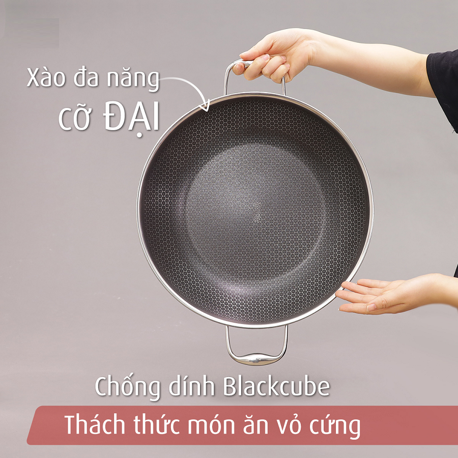 [Hàng chính hãng] Chảo xào iNox Blackcube iMat 32cm, Tay cầm 2 bên, nắp kính cường lực.