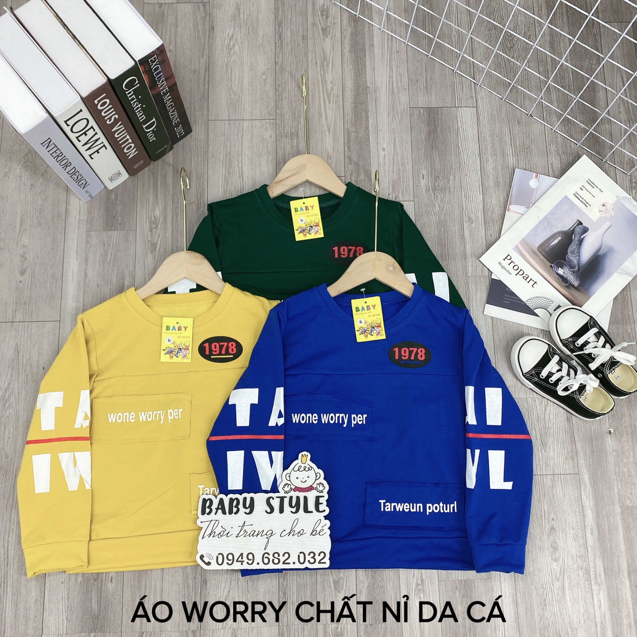 Áo sweater nỉ da cá &quot;WORRY&quot; 14-45kg cho bé trai 4-14 tuổi. Vải dày dặn, co giãn tốt. B43