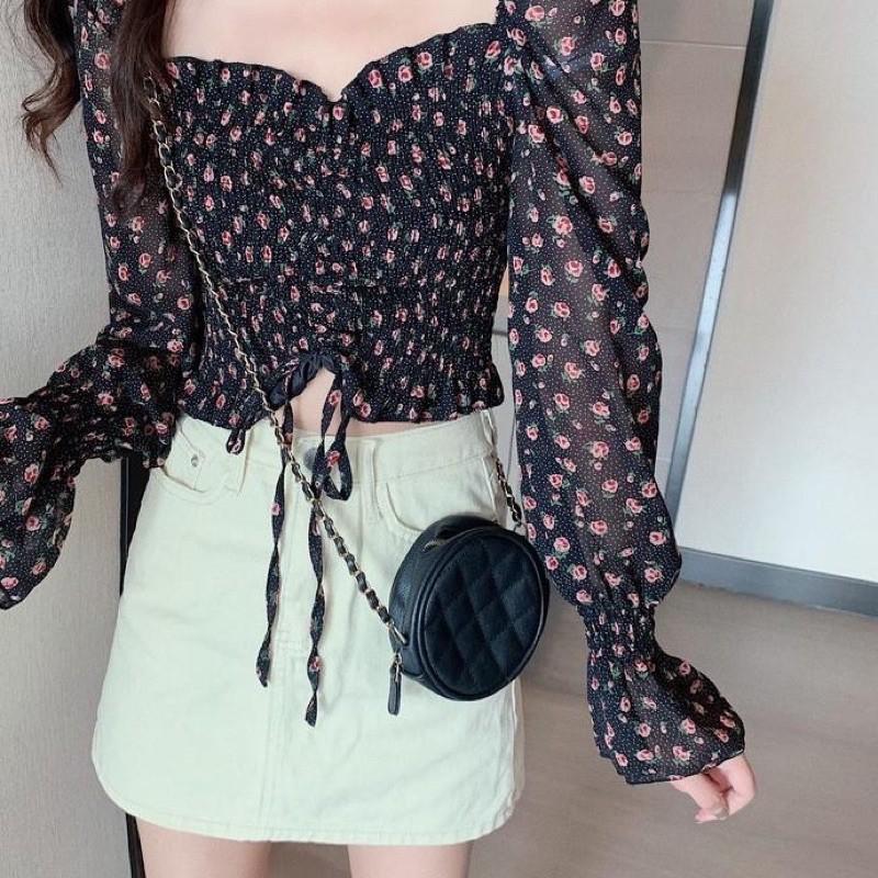 ÁO VOAN CROPTOP HOA NHÍ RÚT DÂY