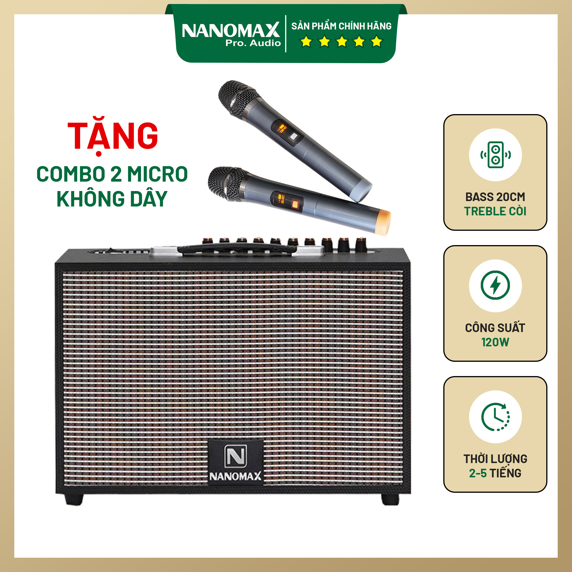 Loa Kéo Karaoke Xách Tay Nanomax K-01 Đen Bass 20cm Công Suất 120w Hàng Chính Hãng