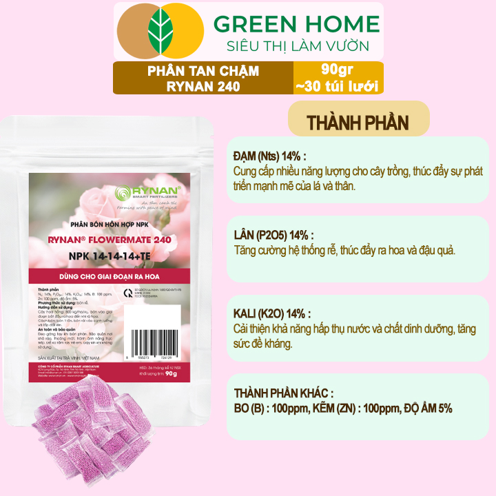 Phân Tan Chậm GreenHome, Rynan 240, Bao 90gr ~ 30 Túi Lưới 3gr, Dùng Cho Hoa Hồng Ra Hoa Đều Và Rực Rỡ