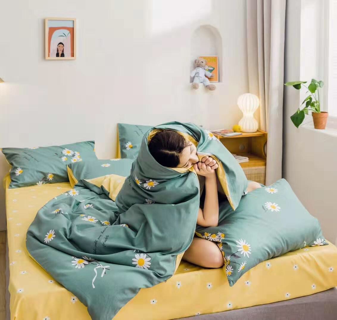 Bộ Chăn Chần Ga Gối Cotton LIDACO SP000882 - Cúc Nhí Xanh