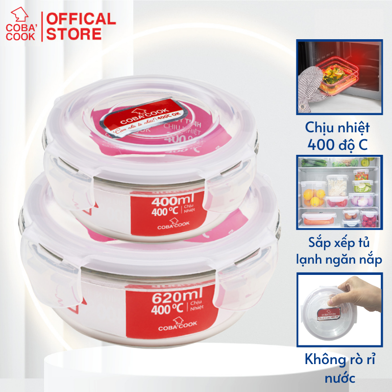 Bộ 2 hộp thủy tinh hình tròn trữ thực phẩm chịu nhiệt 620ml-400ml COBA'COOK-CCR6R42