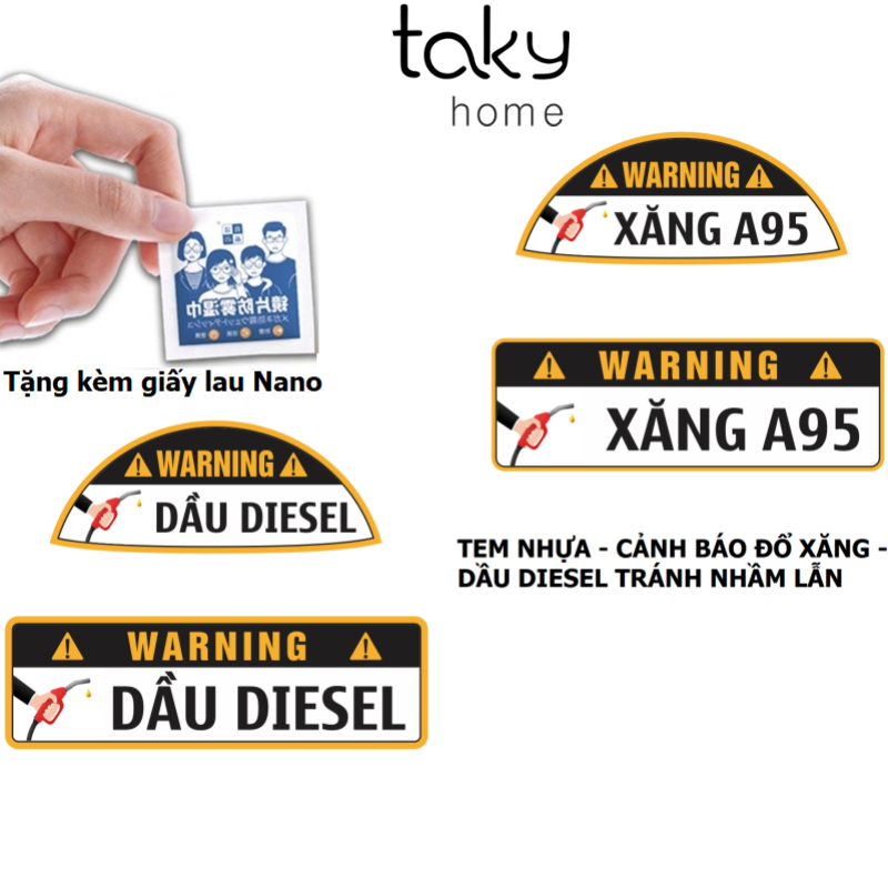 Tem Nhựa Dán Cảnh Báo Đổ Xăng - Đổ Dầu Diesel Cho Xe Hơi, An Toàn, Tiện Dụng Khi Đổ Xăng, Tránh Nhầm Lẫn. TakyHome 9100