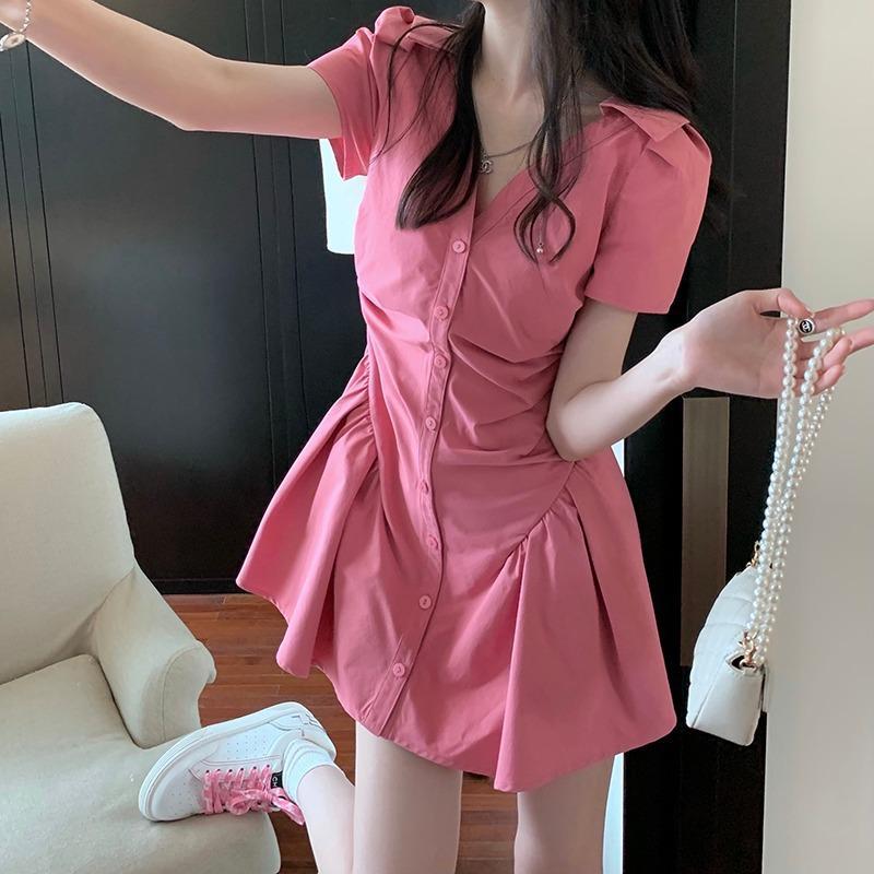 MS750 Váy đầm sơ mi cổ bẻ xếp ly eo đuôi cá