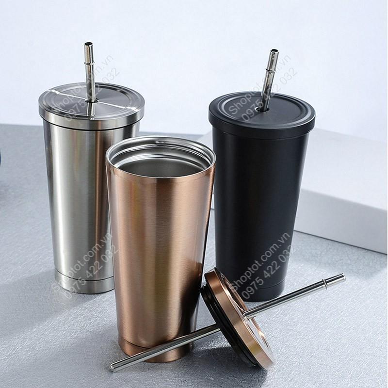 CỐC 2 LỚP INOX 304 CR500, CHỐNG NÓNG, CÓ NẮP VÀ ỐNG HÚT, CỠ LỚN 500ML, DÙNG ĐƯỢC TRÊN XE HƠI