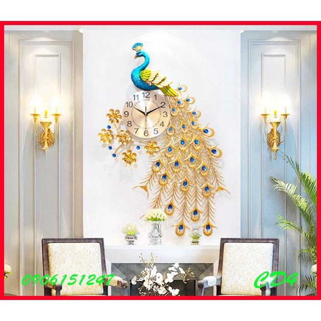 Đồng hồ treo tường trang trí decor chim công CD4 Khổng Tước vàng kích thước 80 x 60 cm