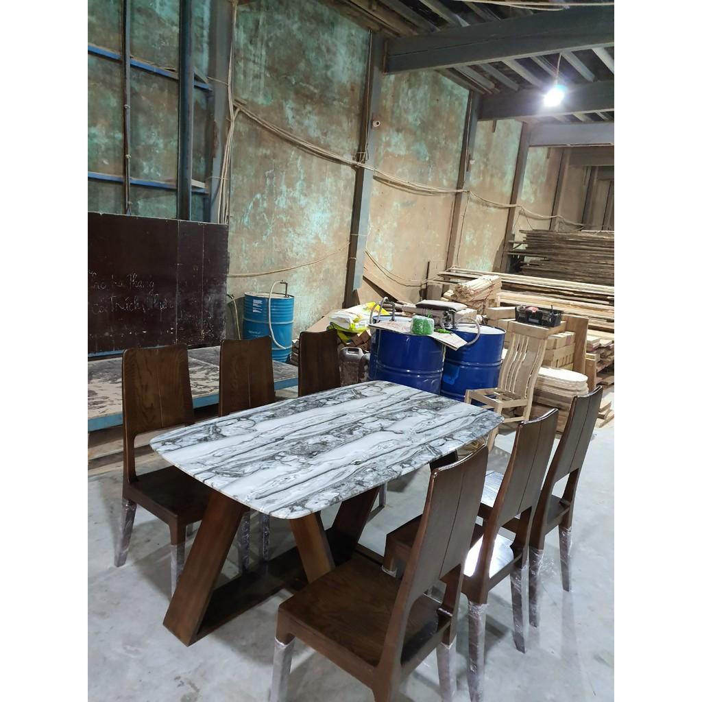 Bàn ăn 6 ghế gỗ Sồi Nga mặt đá, chân chéo