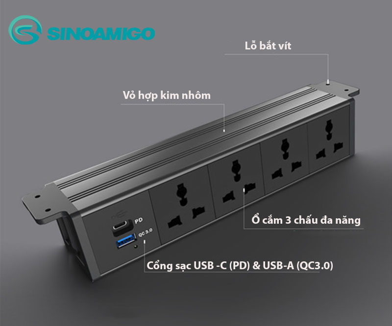Sinoamigo STS-HG60B-5: Hộp ổ cắm Âm Bàn Hiện Đại Với Thiết Kế Lắp Âm Dưới Bàn - Tích hợp 4 ổ cắm đa năng, 1 cổng sạc USb type C (PD) và 1 cổng sạc USB type A (QC-3.0) - Hàng chính hãng