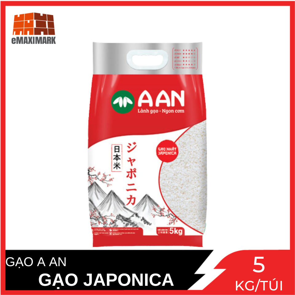 Gạo Nhật Japonica Túi 5Kg ( A An)  - Hạt tròn, cơm ngọt, rất dẻo, hạt cơm kết dính