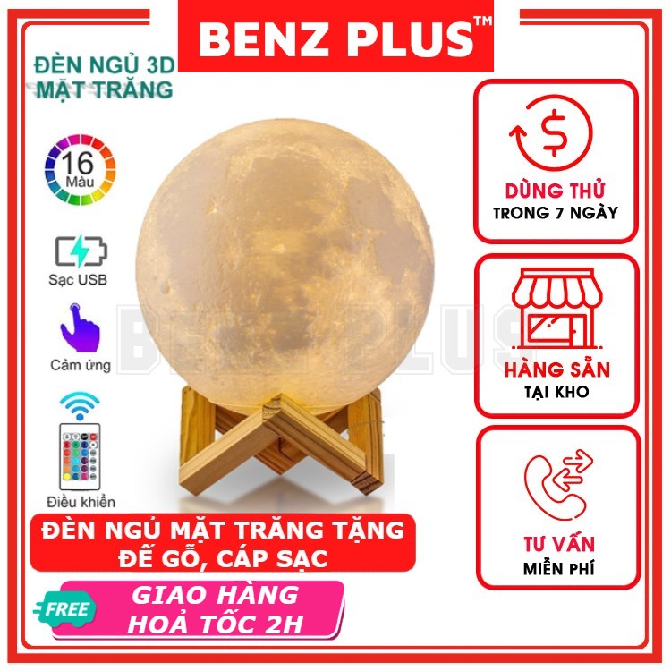 Đèn ngủ mặt trăng BENZ trang trí phòng ngủ phiên bản PREMIUM 2021 size 10cm/12cm/15cm/18cm/20cm tặng đế gỗ, dây sạc