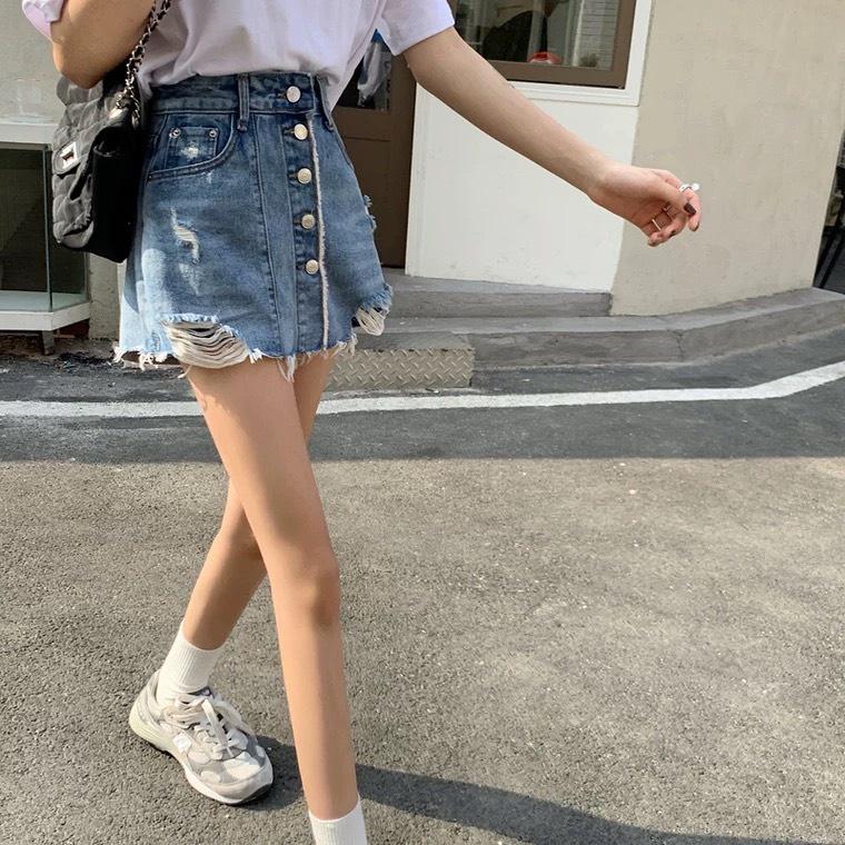 Chân Váy Jeans Rách Nữ Dáng Chữ A Cạp Cao Hàng Cúc Giữa