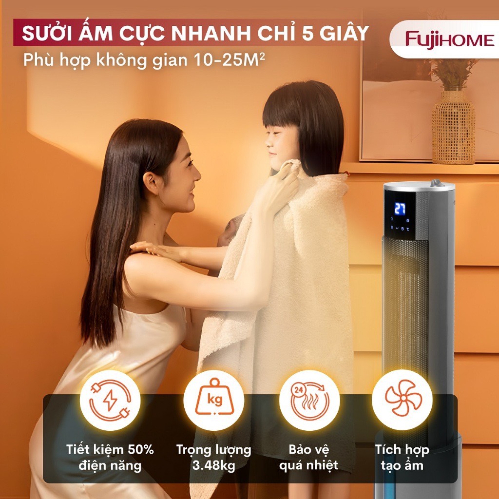 [Nhập CECAMP30KD1 giảm 30K] Máy sưởi gốm không khô da phun sương tạo ẩm Nhật Bản nhập khẩu FUJIHOME không đốt oxi tự ngắt tiết kiệm điện - hàng chính hãng