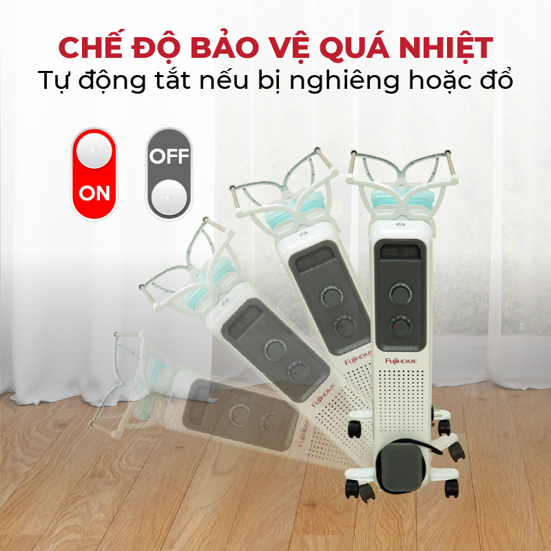 Máy sưởi dầu Nhật Bản Nhập Khẩu không khô da Fujihome 11 thanh, máy lò sưởi ấm điện phòng không đốt oxy tự ngắt không gốm mini heaters - Hàng Chính Hãng