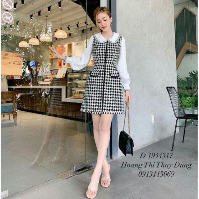 ĐẦM DẠ CARO CỔ SEN PHỐI TÚI
