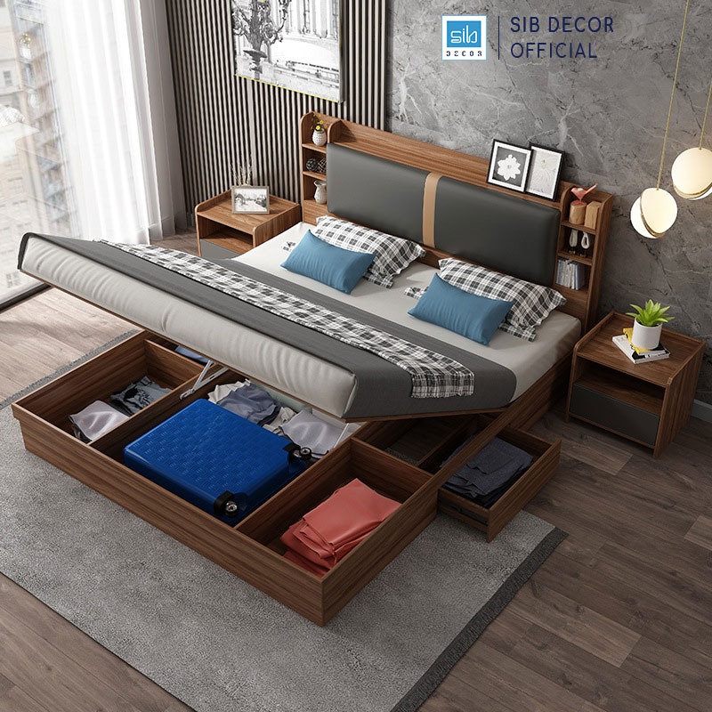 Giường Ngủ Hộp Gỗ Hình Hiện Đại Nhiều Ngăn Lưu Trữ Thương Hiệu SIB Decor GN21