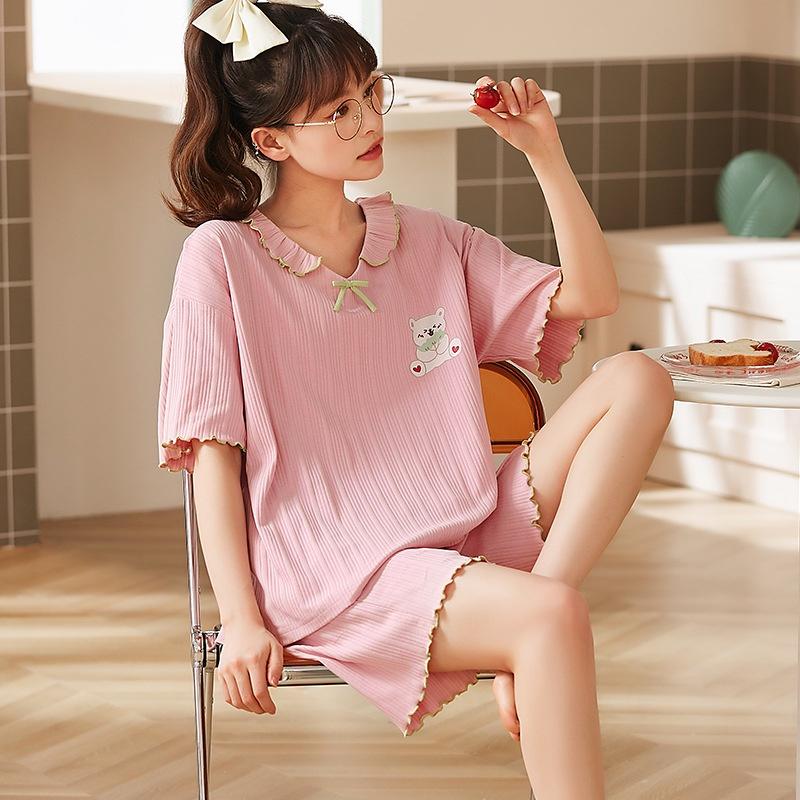 Bộ đồ của phái nữ mùa hè cotton ngắn tay quần short ngắn tay dễ thương Nhật Bản hai mảnh phù hợp với mùa xuân, mùa hè