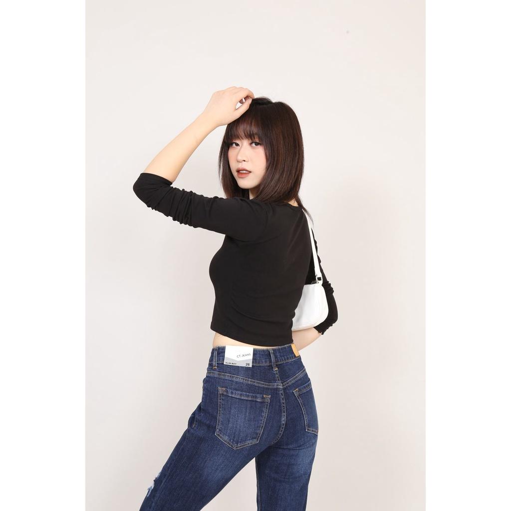 Quần Jean Nữ Boyfriend Baggy Rách Vá 1 Ô Bên Phải Co Dãn Gấu Thường CT JEANS