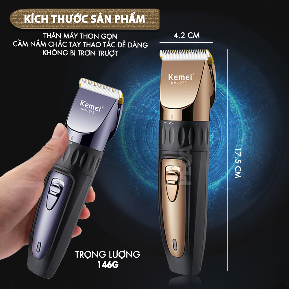 Tông đơ cắt tóc không dây Kemei KM-1255 dùng cho cá nhân và gia đình - Hàng chính hãng