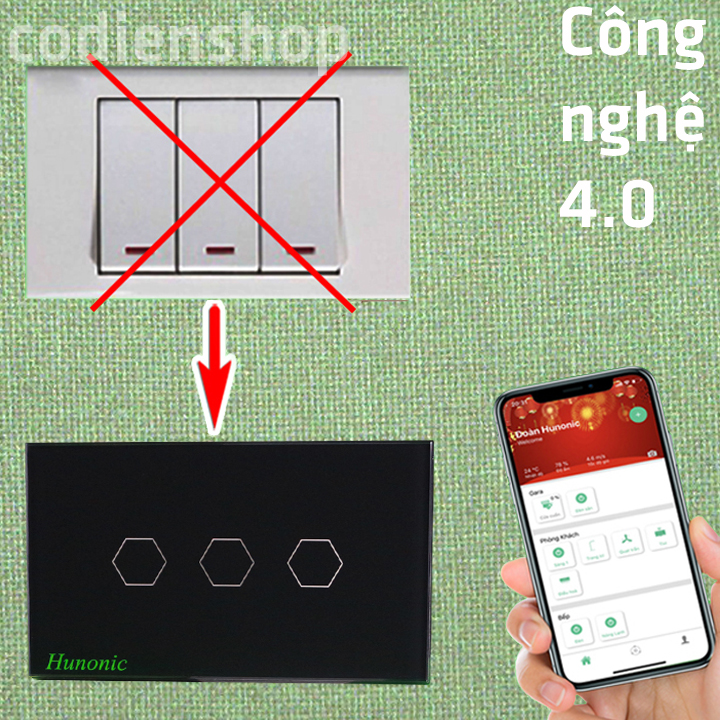 Công tắc cảm ứng [ĐIỀU KHIỂN TỪ XA] bằng điện thoại HUNONIC 3 Nút màu đen + HẸN GIỜ THÔNG MINH | Công nghệ 4.0